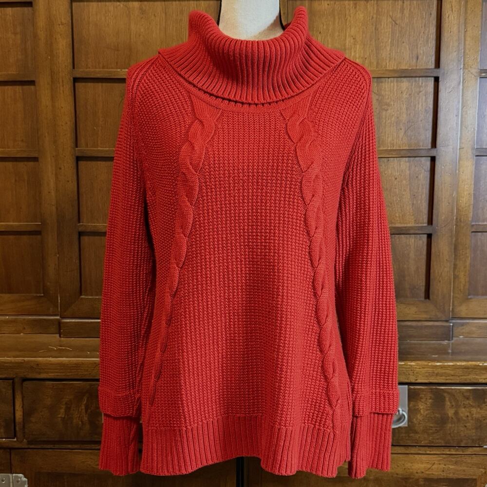 Calvin Klein Women’s Red Cable Knit Relaxed Fit Chunky Turtle Neck Sweater M